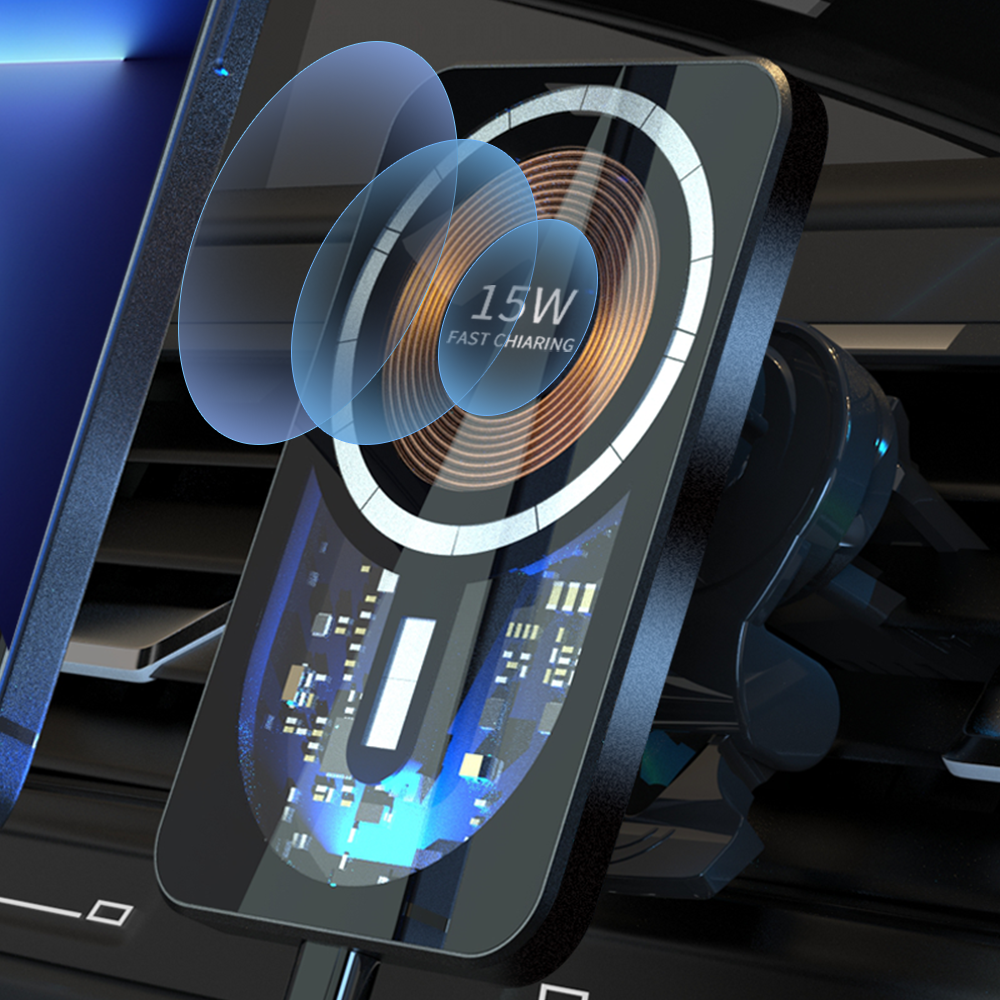 Automobilinis magnetinis telefono laikiklis su belaidžiu įkrovikliu.