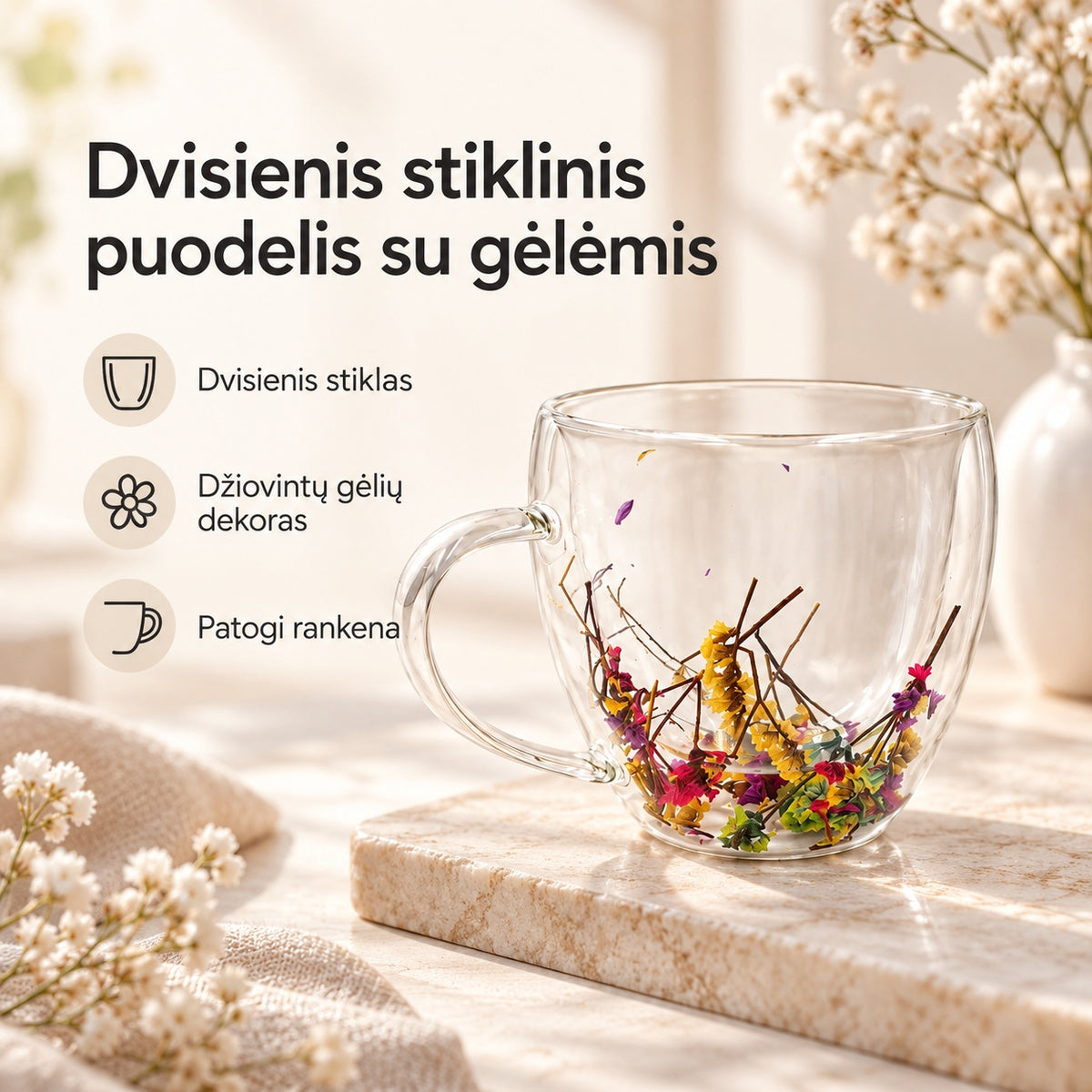Dvigubo stiklo puodelis su gėlių dekoracijomis 250 ml