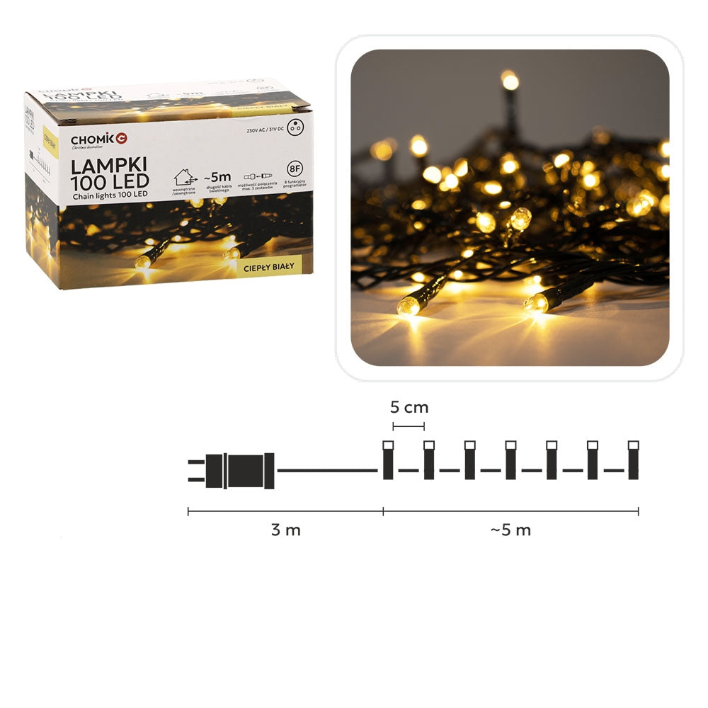 Kalėdinės LED girliandos, 100 LED, šiltai balta šviesa, 5 m