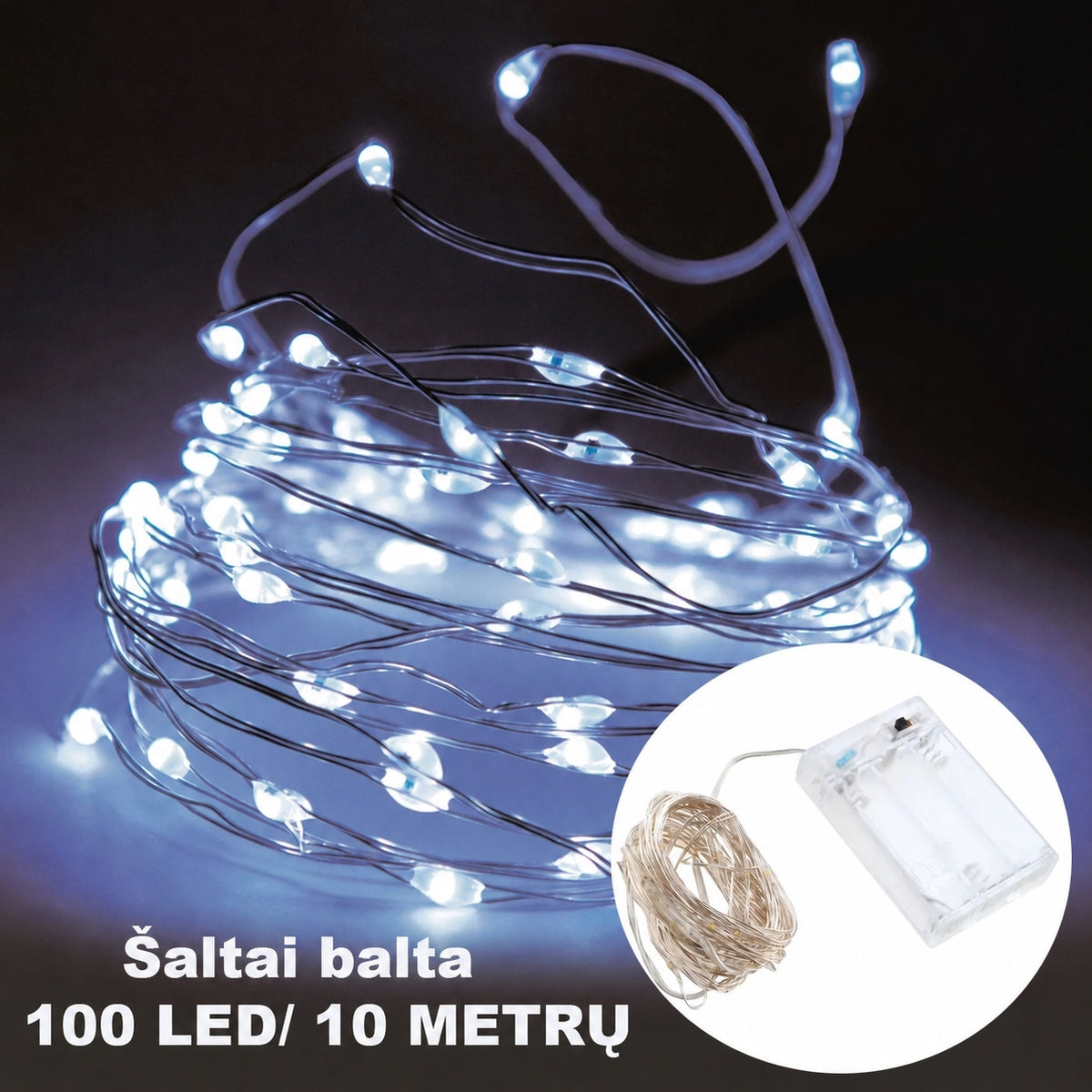 AA LED girlianda, 100 LED, 10 m, šaltai balta