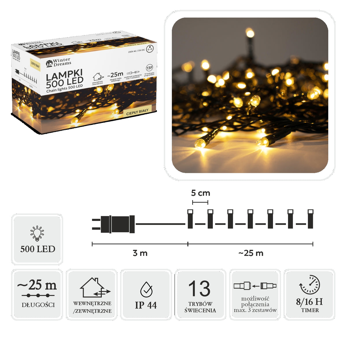 LED girlianda, 500 LED, 28 m, šiltai balta