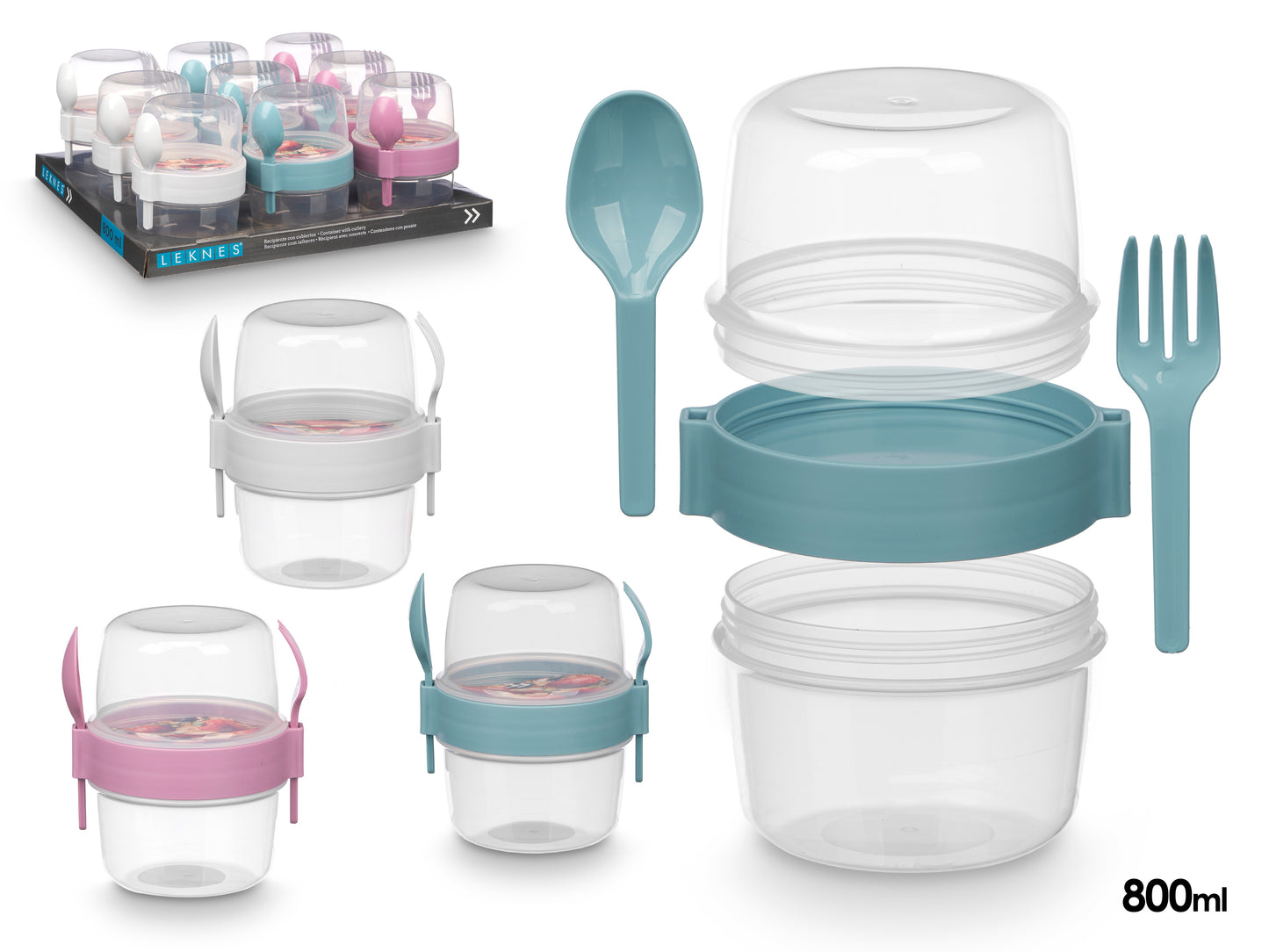 Plastikinis indas su stalo įrankiais, 800 ml, 3 spalvos, 13.8×12.5×10.2 cm, 94909, Leknes