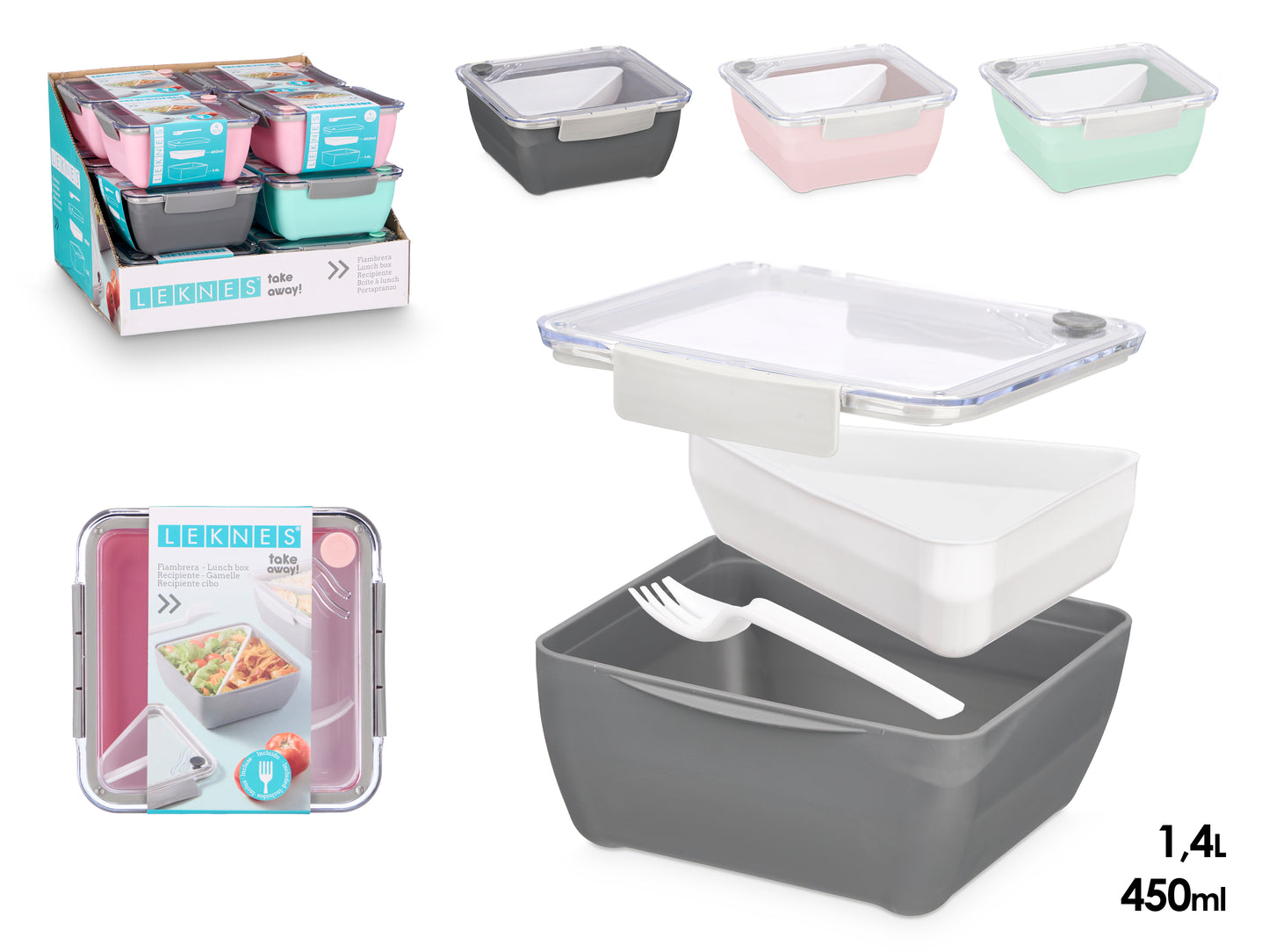 Pietų dėžutė su skyriumi, 3 spalvos, 450 ml + 1.4 l, 8.8×19.2×18.7 cm, 10479, Leknes