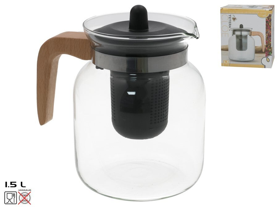 Stiklinis arbatinukas su medine rankena, 1,5 l, 17,5 x 17 x 12 cm, KITCHEN&GO