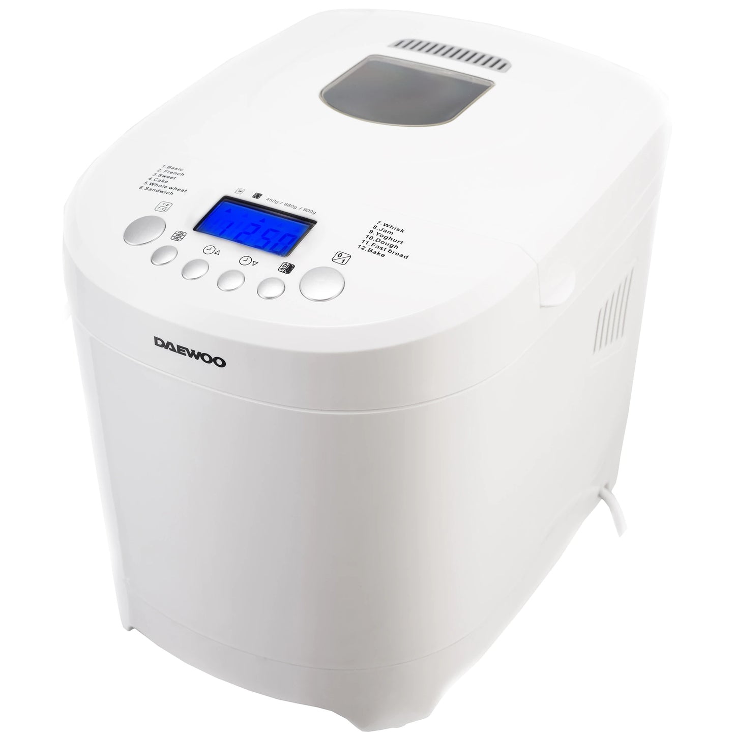 Duonos kepimo aparatas Daewoo DBM 600W, 600W, 900 g, 2 apskrudinimo lygiai, 12 programų, laikmatis,