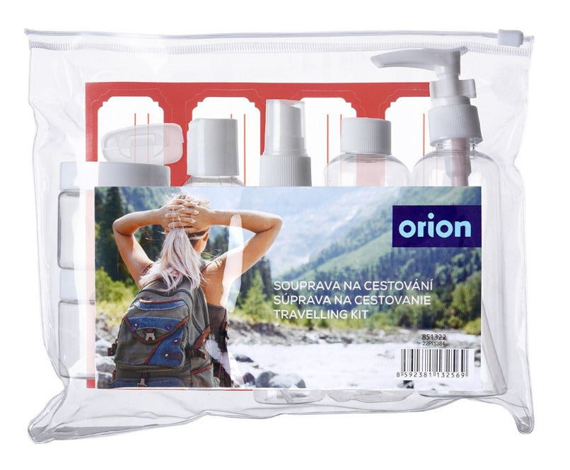 Kelioninių kosmetikos indelių rinkinys lėktuvui su kosmetine, 8 vnt., 851322, ORION