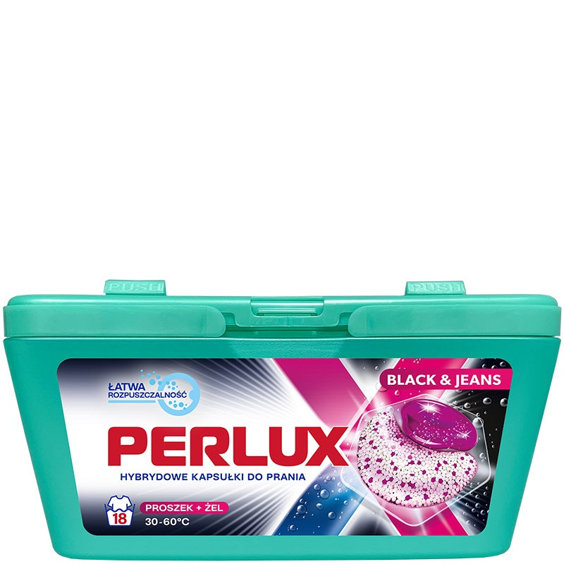 PERLUX skalbimo kapsulės juodiems ir džinsiniams audiniams, 18 vnt. Dėžėje 12 pakuočių.