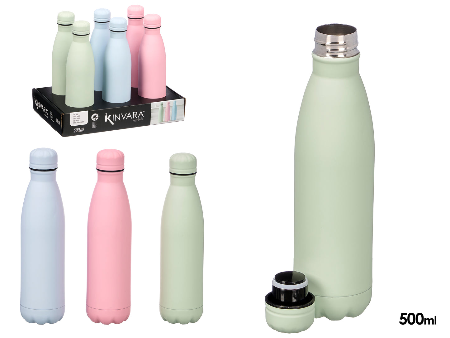 Nerūdijančio plieno gertuvė, 3 spalvos, 500 ml, 26,5 × 5,5 × 5,5 cm, 13770, KINVARA