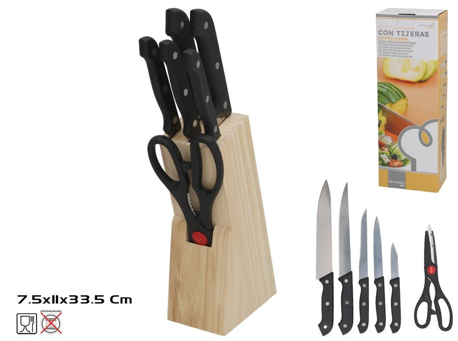 7 peilių rinkinys su žirklėmis ir mediniu stovu (19 cm), 33,5 x 11 x 7,5 cm, KITCHEN&GO