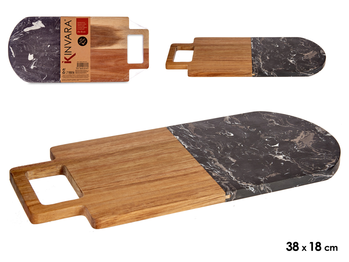 Medinė ir juodo marmuro pjaustymo lentelė su pakabinimo kilpa, 1,5 × 18 × 38 cm, 78373, KINVARA