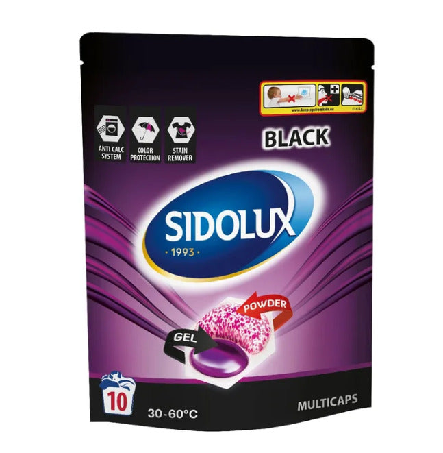 SIDOLUX BLACK skalbimo kapsulės juodiems audiniams, 10 vnt. Dėžėje 12 pakuočių.