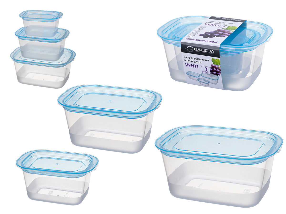 Pietų dėžučių rinkinys, 3 vnt., 310 ml / 690 ml / 1380 ml, 41151, 20,2 x 13,7 x 9,5, GALICJA