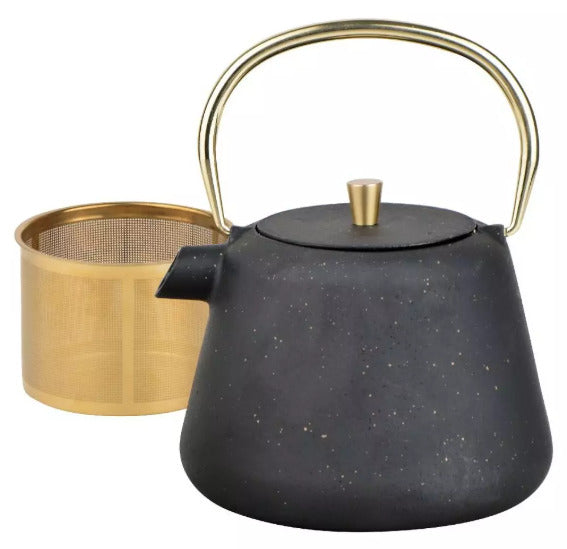 Ketaus arbatinukas su sieteliu, emaliuotas vidus, 1 l talpos, juodas su brokatu, aukso detalėmis, KINGHoff, KH 1932