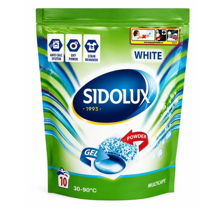 SIDOLUX WHITE skalbimo kapsulės baltiems audiniams, 10 vnt. Dėžėje 12 pakuočių.