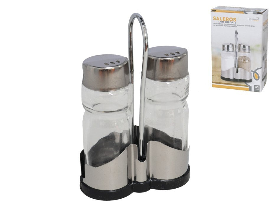 Stiklinės druskos ir pipirų indeliai su stovu, 12 × 4 × 8 cm, KITCHEN&GO
