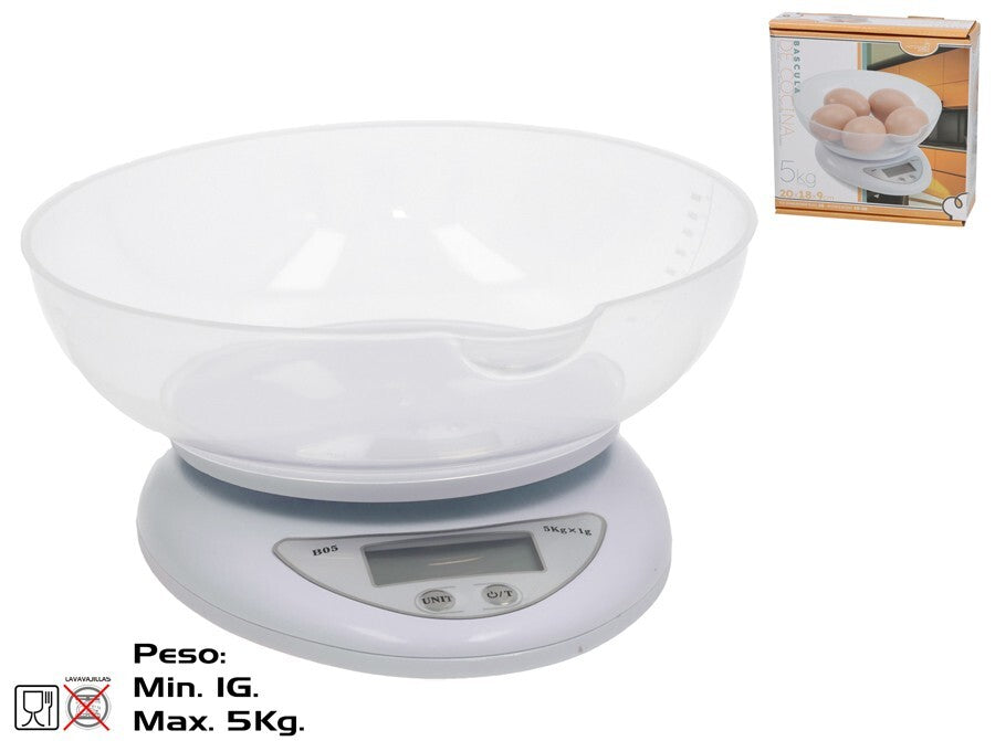 Skaitmeninės virtuvinės svarstyklės 5 kg, baltos, 20 x 18 x 9 cm, KITCHEN&GO