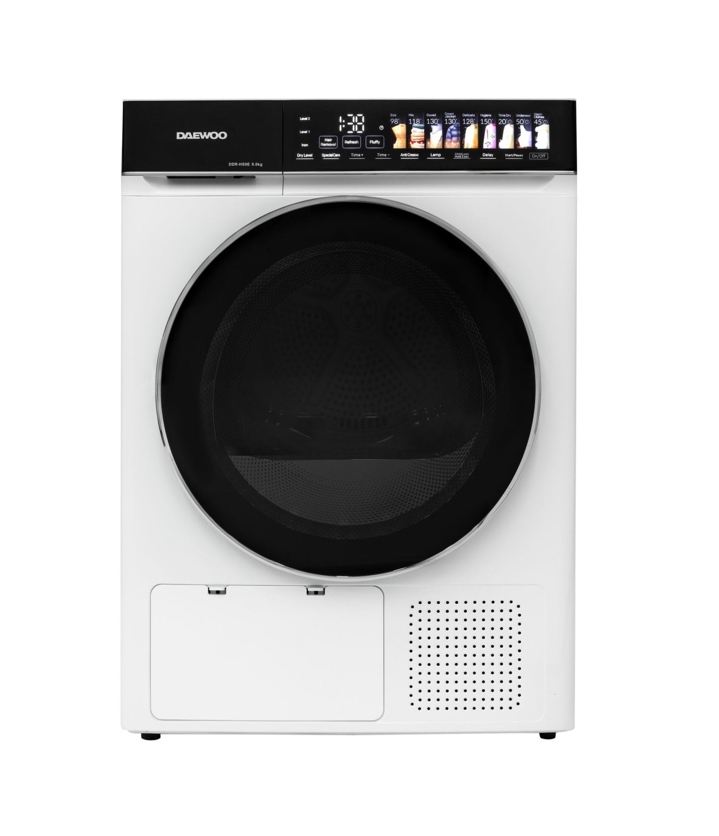 Daewoo DDR HS9E“ džiovyklė, 9 kg, šilumos siurblys, jutikliniai mygtukai, juodas valdymo skydelis su