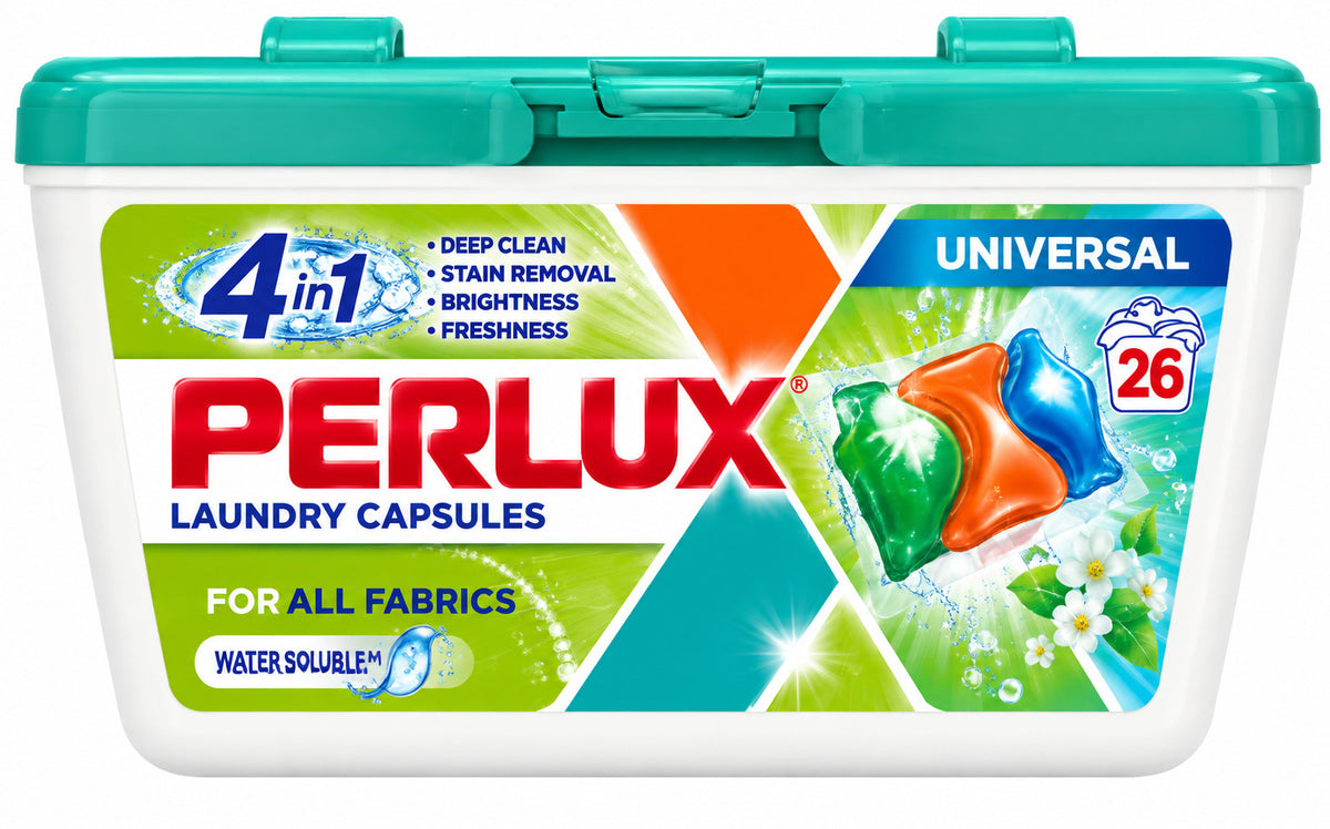 PERLUX universalios skysto skalbiklio kapsulės, 26 vnt. Dėžėje 8 pakuotės.