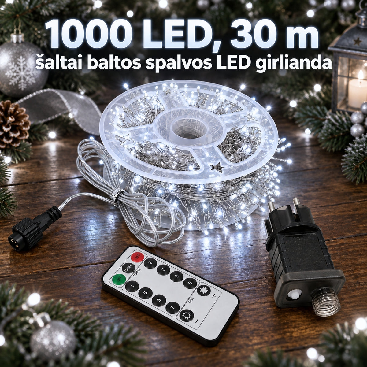 1000 LED, 30 m šaltai balta LED girlianda