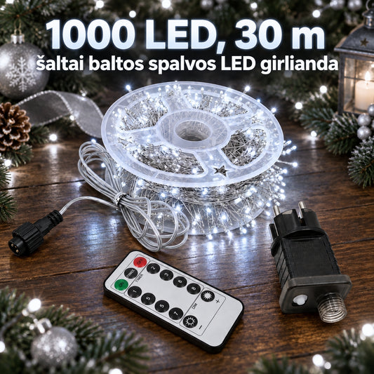 1000 LED, 30 m šaltai balta LED girlianda