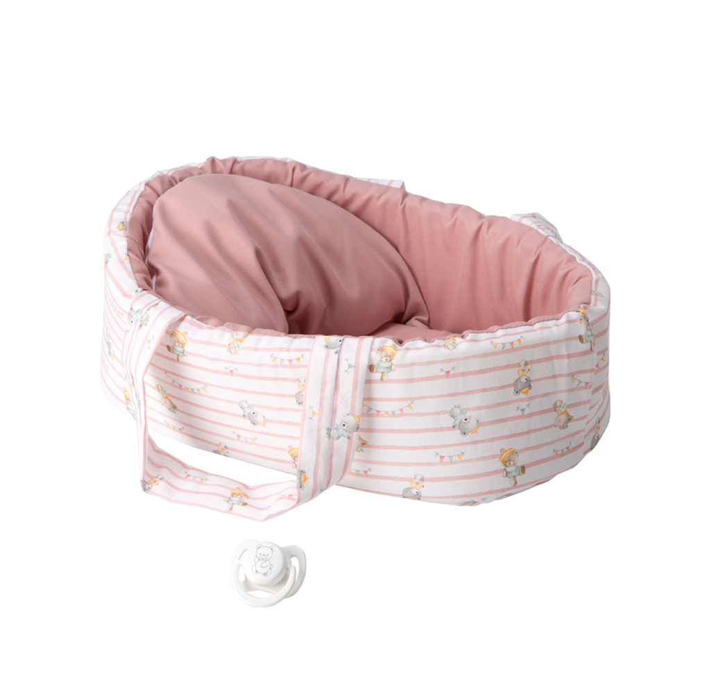 Arias kūdikėlis rožinėje nešyklėje su meškiukais, 26 cm