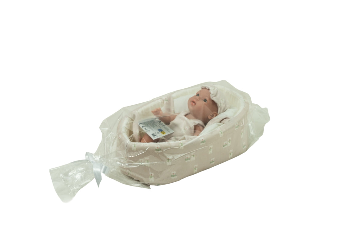 Arias lėlė kūdikėlis su smėlinės spalvos nešykle, 26 cm