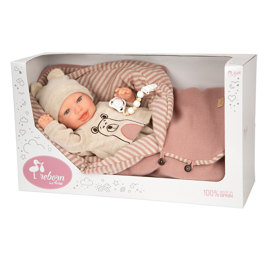 Arias Reborn lėlė kūdikėlis su smėlio spalvos rūbeliais, 45 cm