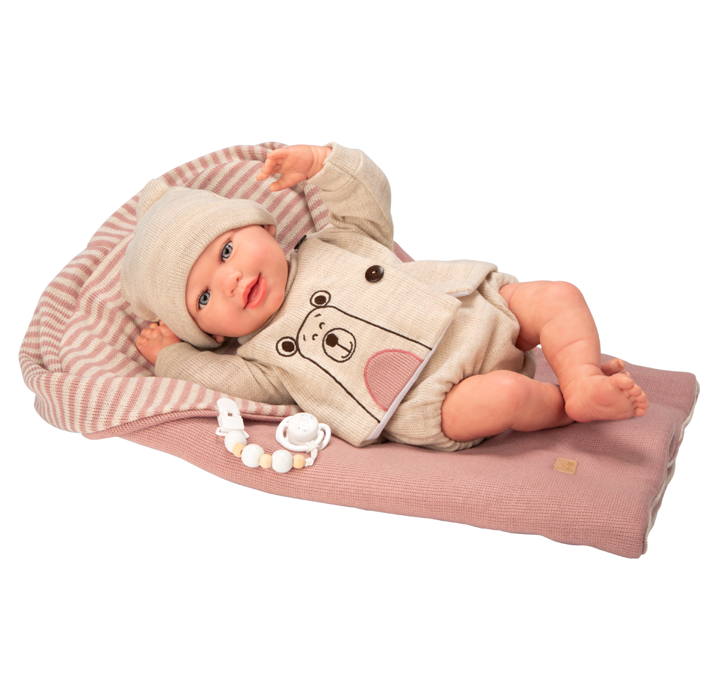 Arias Reborn lėlė kūdikėlis su smėlio spalvos rūbeliais, 45 cm