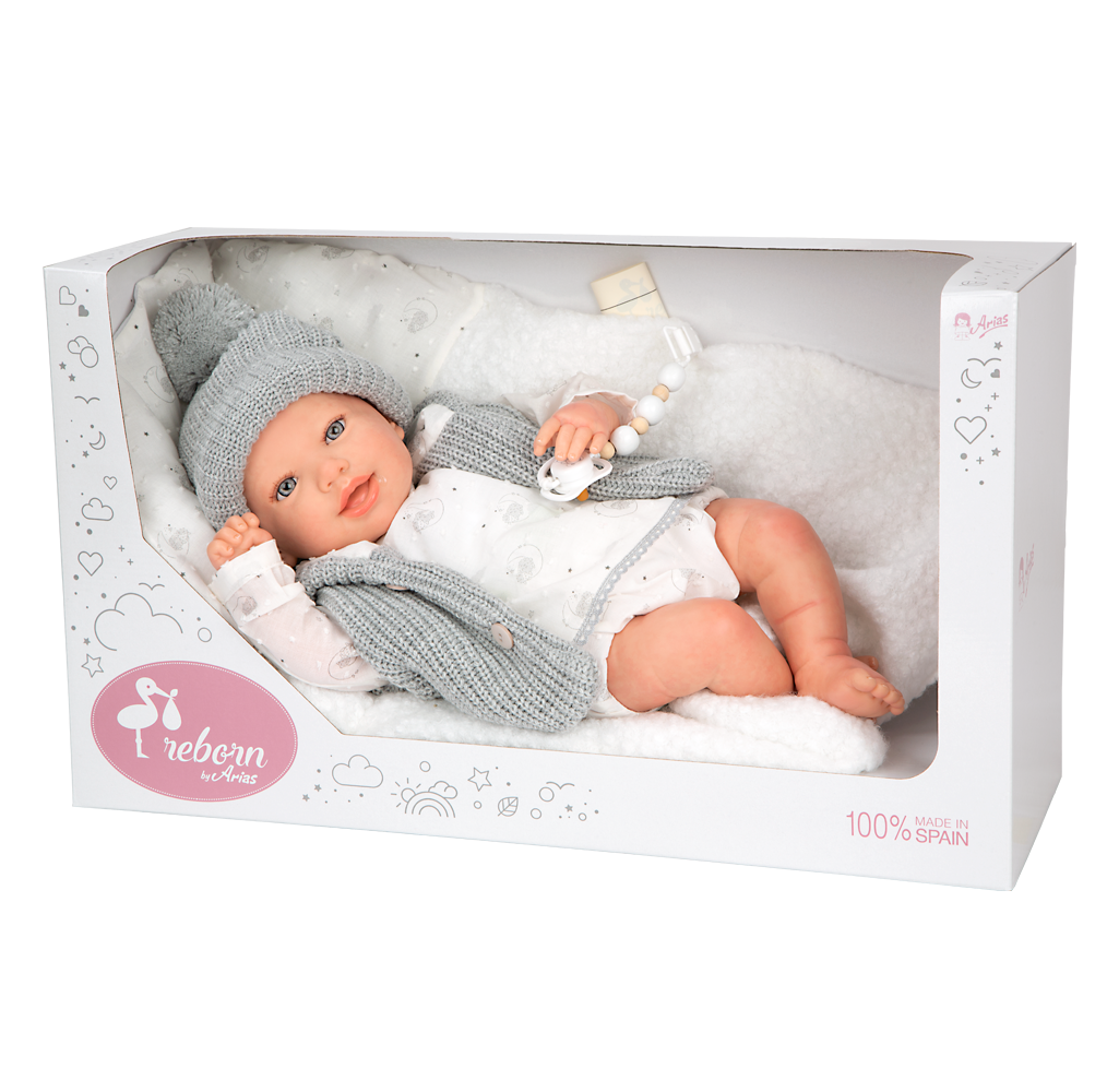 Arias Reborn kūdikėlis su pilkais rūbeliais, Daniela, 45 cm