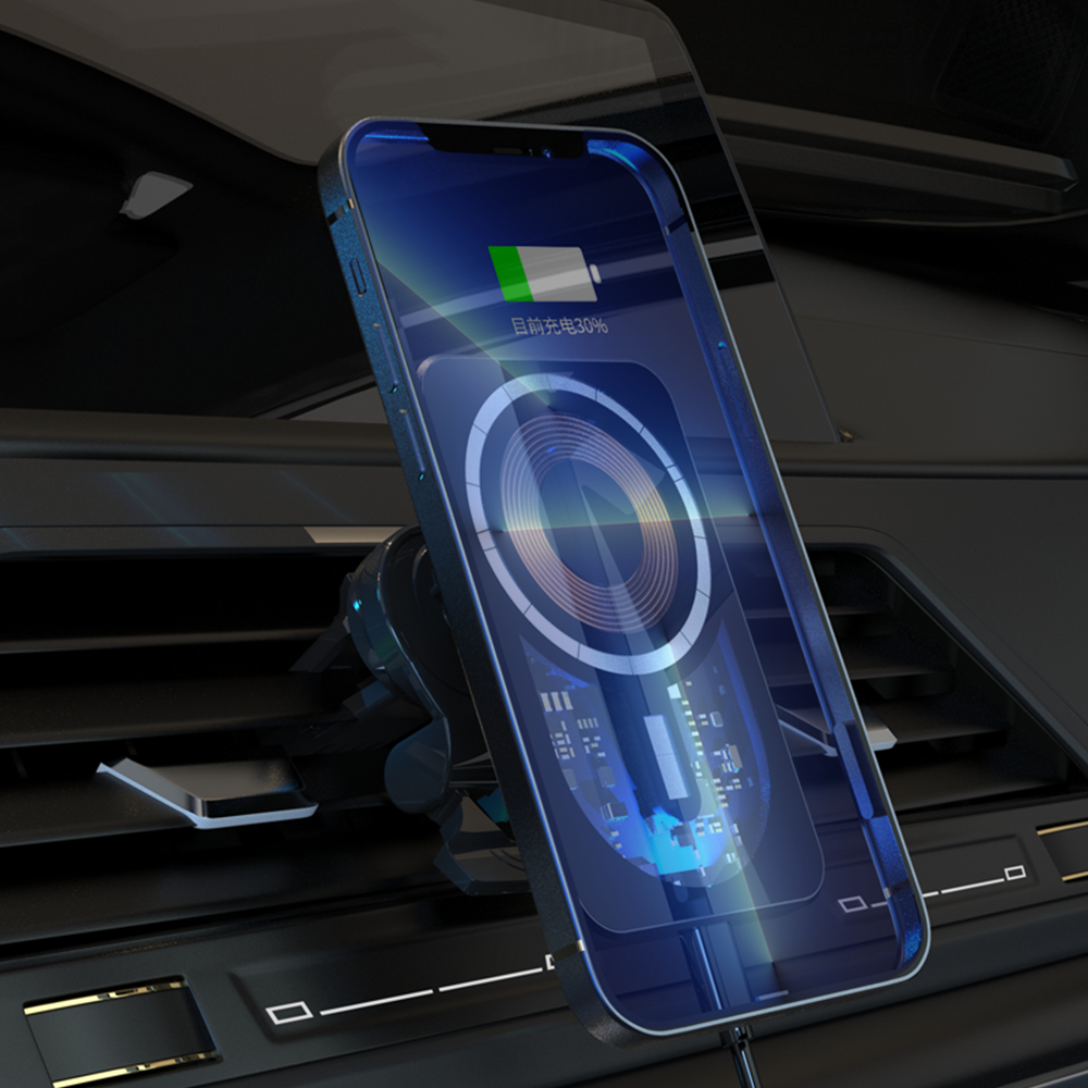 Automobilinis magnetinis telefono laikiklis su belaidžiu įkrovikliu.
