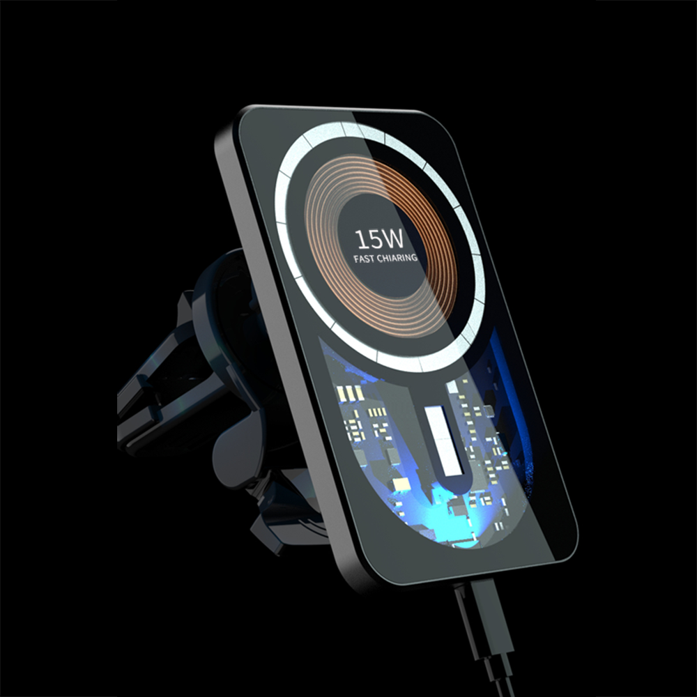 Automobilinis magnetinis telefono laikiklis su belaidžiu įkrovikliu.