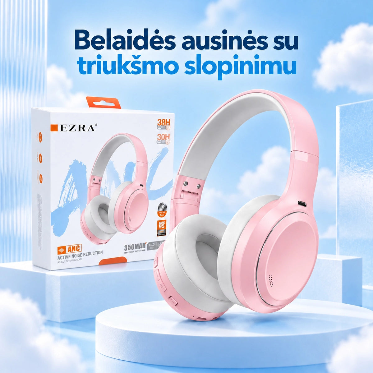 Belaidės ausinės su aktyviu triukšmo slopinimu EZRA BW95 Rožinės