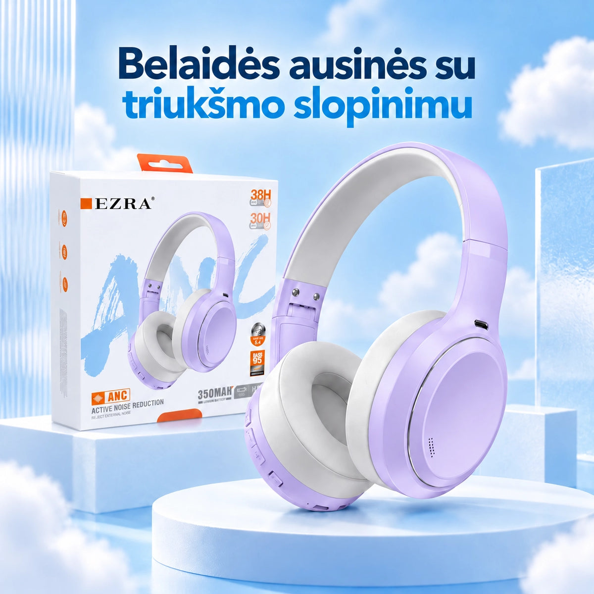 Belaidės ausinės su aktyviu triukšmo slopinimu EZRA BW95 Violetinė