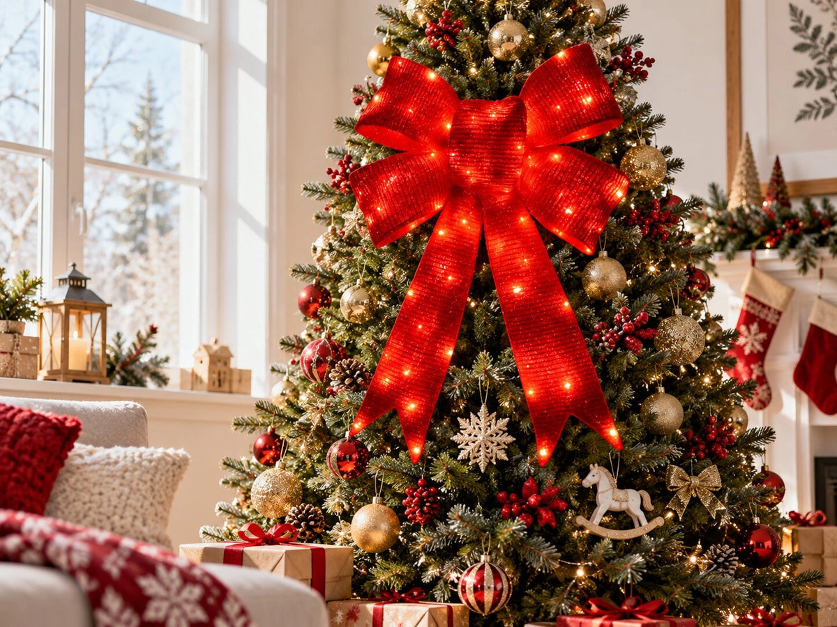 kalėdinė 3D LED dekoracija – raudonas kaspinas, 76 cm, 112 LED