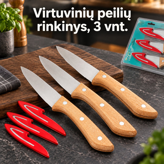 Kokybiškų virtuvinių peilių rinkinys su medinėmis rankenomis, 3 vnt.