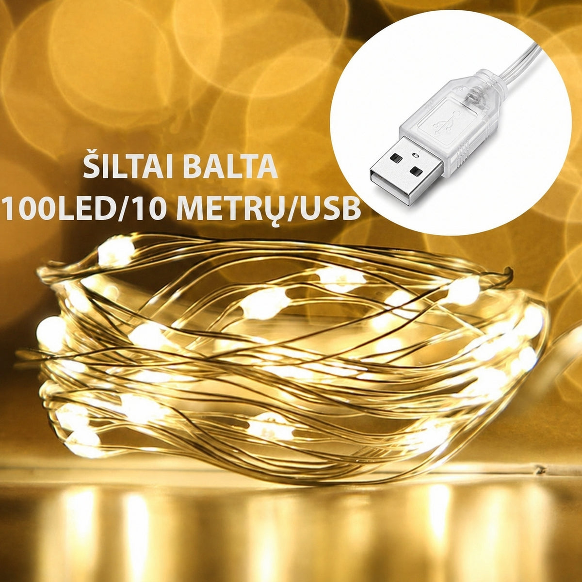 LED girlianda, 100 LED, 10 m, USB, šiltai balta