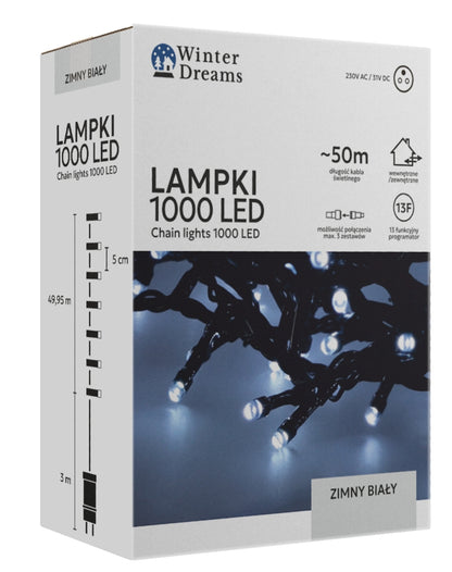 LED girlianda, 1000 LED, 53 m, šaltai balta