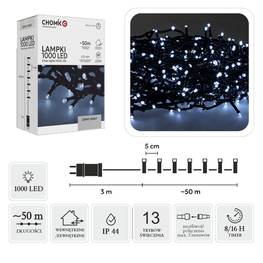 LED girlianda, 1000 LED, 53 m, šaltai balta
