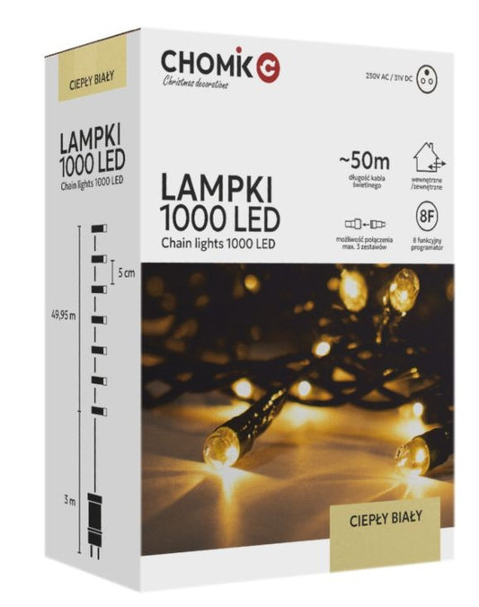 LED girlianda, 1000 LED, 53 m, šiltai balta