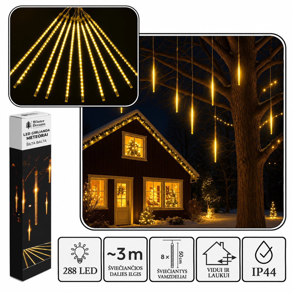 LED girlianda „Meteorai“, 8 × 50 cm, 288 LED, šiltai balta