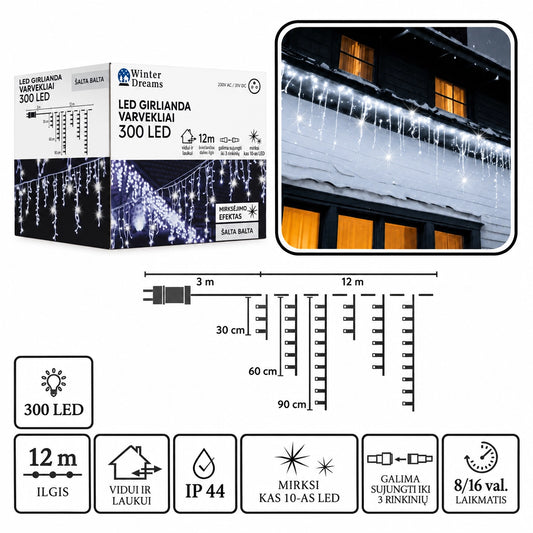 LED girlianda „Varvekliai“, 300 LED, 12 m, šaltai balta su blyksniais