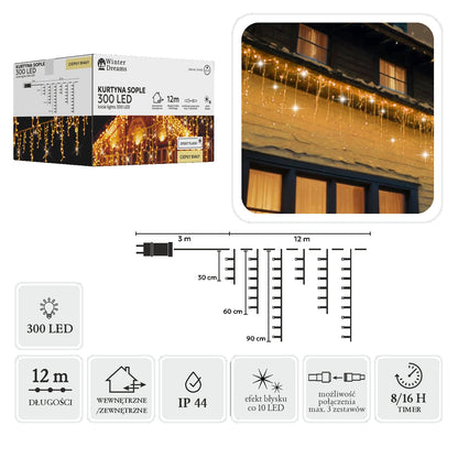 LED varveklių užuolaida, 300 LED, 12 m, šiltai balta su blyksniais