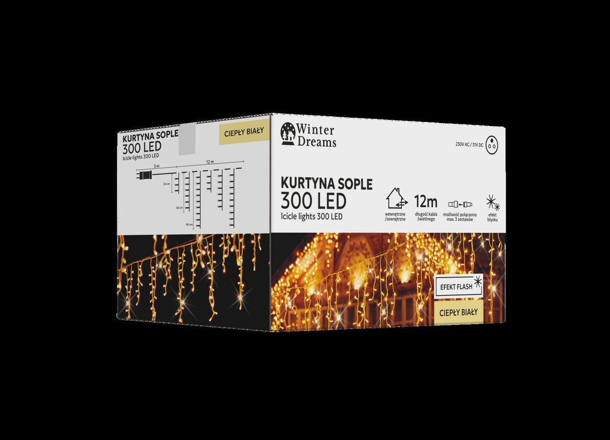LED varveklių užuolaida, 300 LED, 12 m, šiltai balta su blyksniais