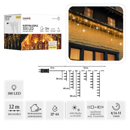 LED varveklių užuolaida, 300 LED, 12 m, šiltai balta su blyksniais