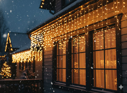 LED varveklių užuolaida, 300 LED, 12 m, šiltai balta su blyksniais