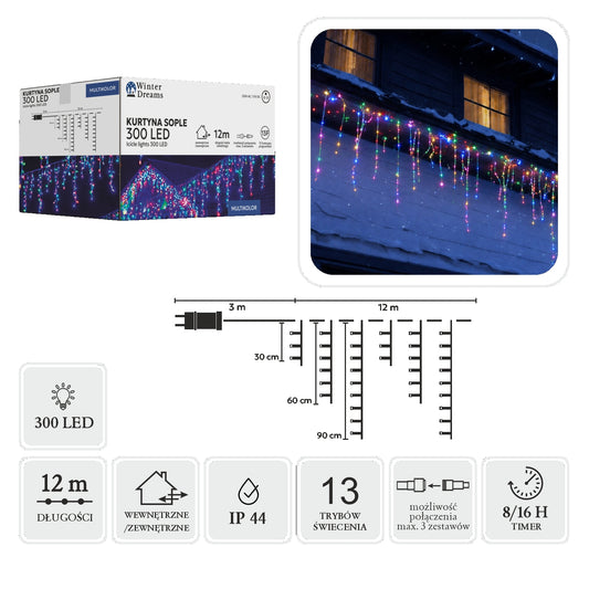 LED varveklių užuolaida, 300 LED, 12 m, spalvota