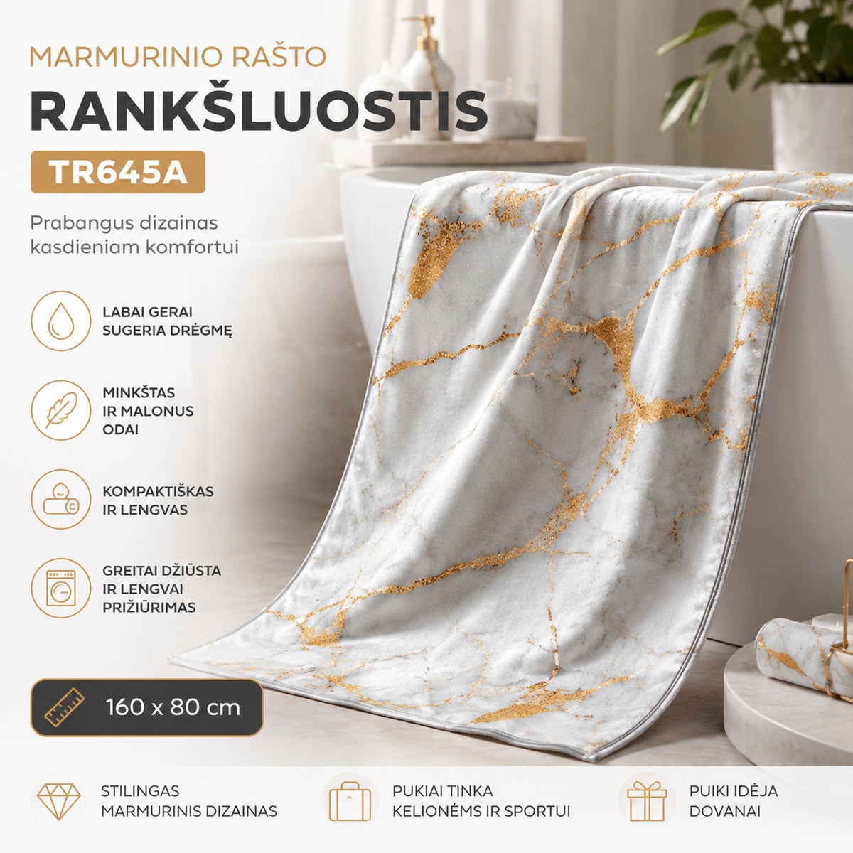 Marmurinio rašto rankšluostis 160 x 80 cm TR645A