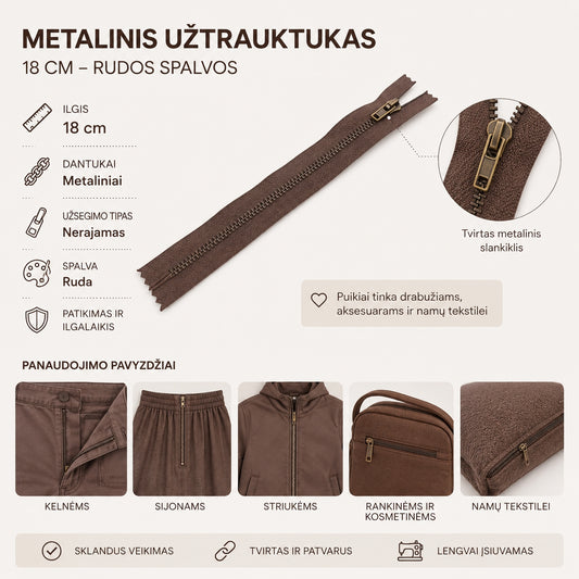 Metalinis užtrauktukas 18 cm – tamsiai rudos spalvos