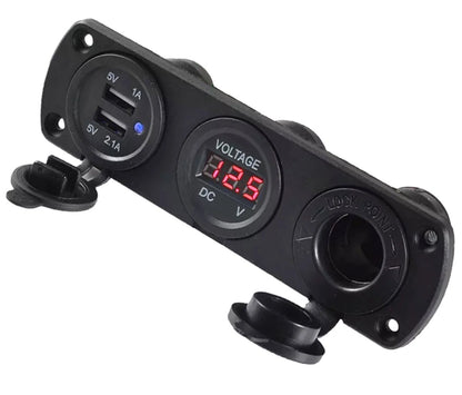 Montuojamas 12 V maitinimo lizdų skydelis su 2 USB jungtimis ir voltmetru