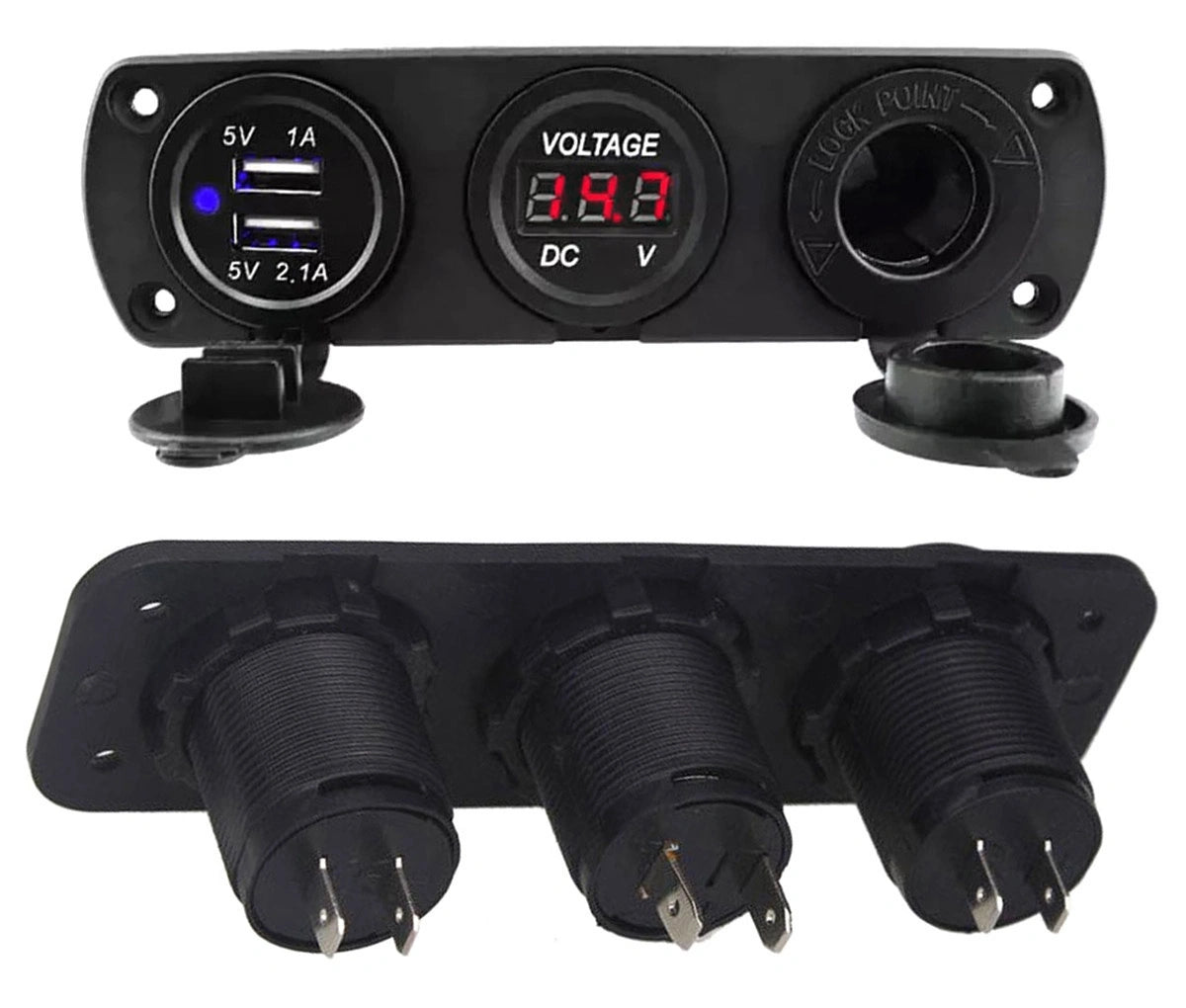 Montuojamas 12 V maitinimo lizdų skydelis su 2 USB jungtimis ir voltmetru